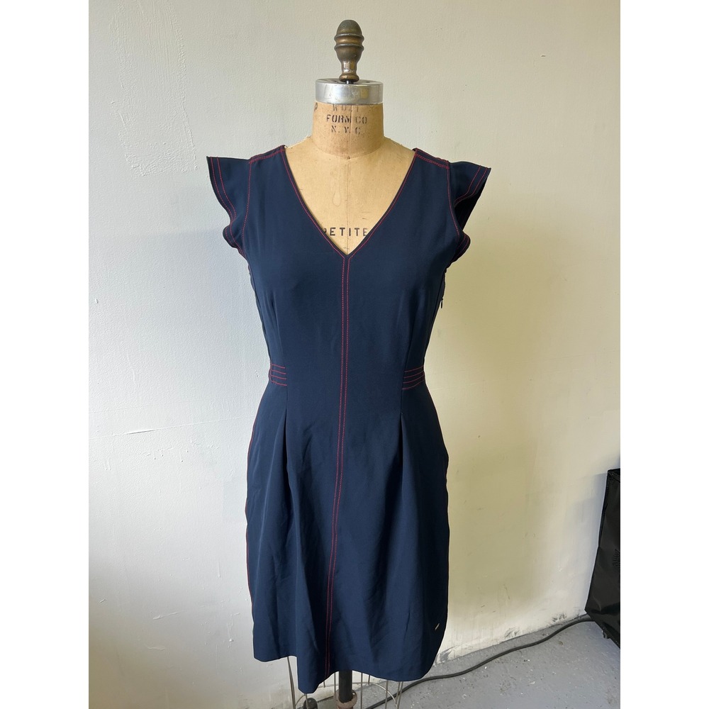 Tommy Hilfiger Navy Blue Sheath Dress Red Contrast Stitch Flutter Sleeve Size 6